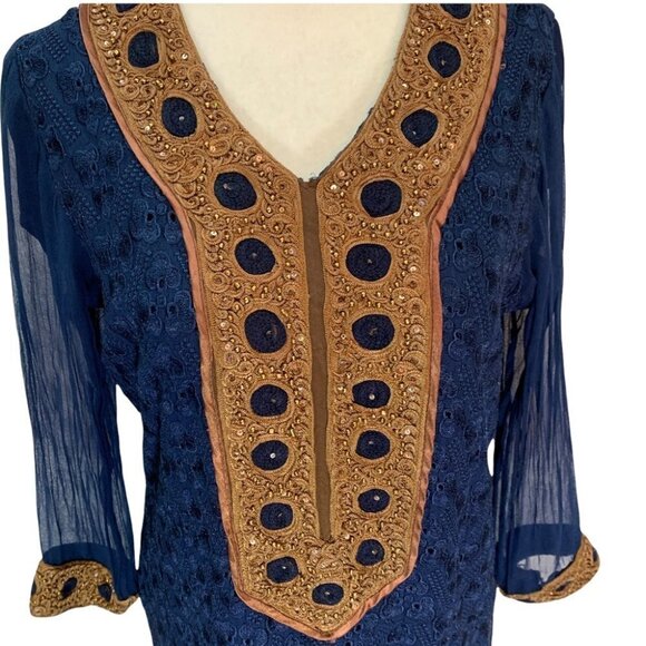 VINTAGE Handmade Brocade Ethnic Navy Dress Size S/M - Picture 8 of 10